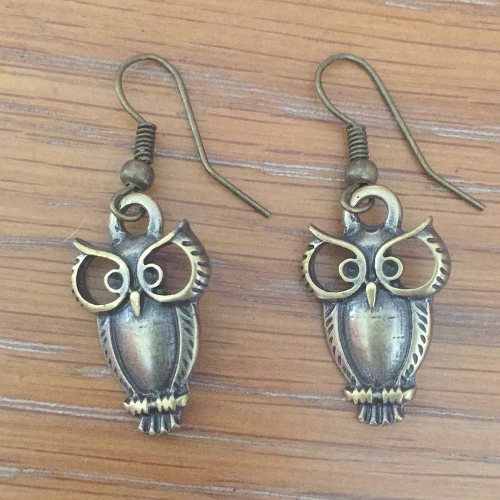 Boho Owl Earrings- Bronze Tone Metal Pierced Dangle